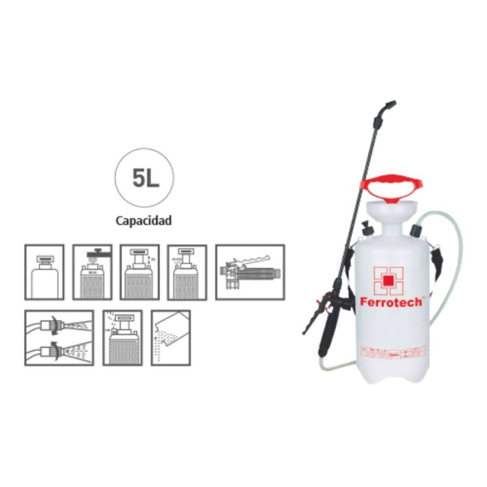 Pulverizador De Mano A Presión 5LT Con Lanza 25159 FERROTECH