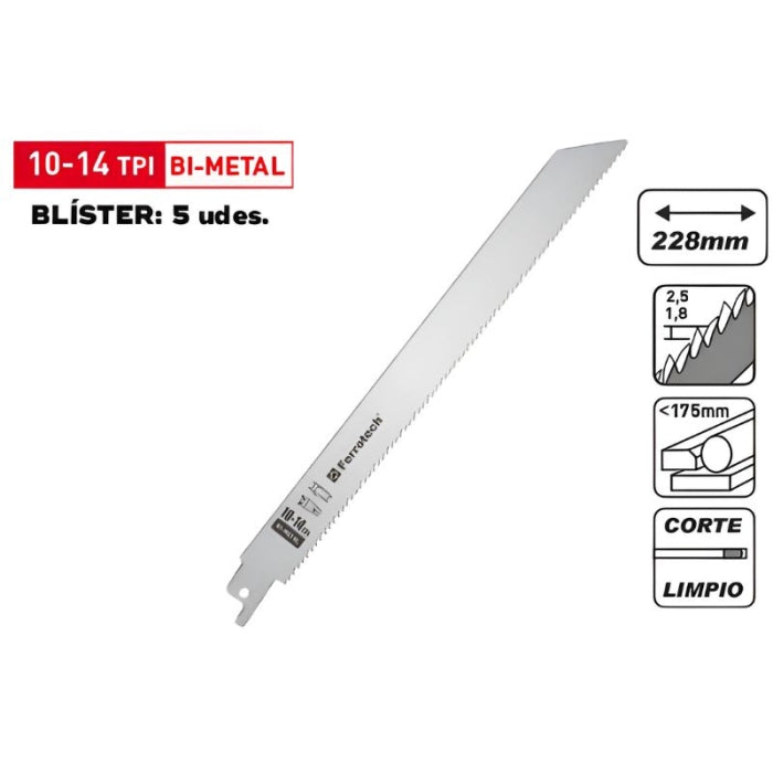 Sierra De Sable BI-MET 225mm 10-14TPI (5 Ud) 27657 FERROTECH N05