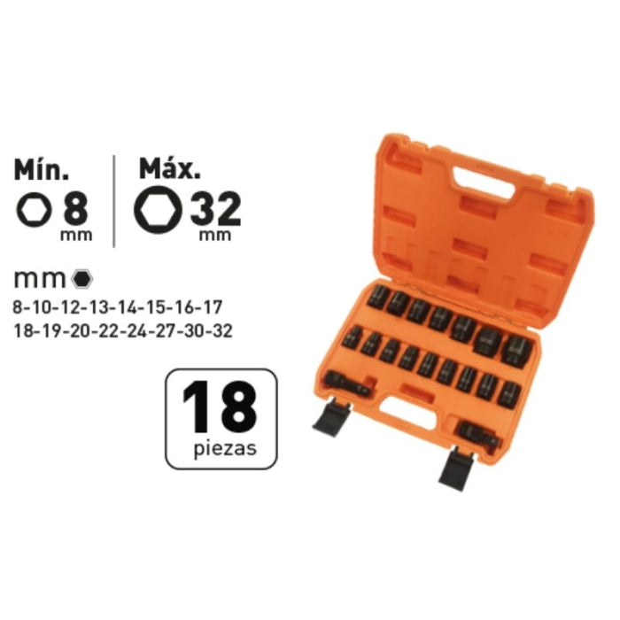 Juego de Llaves Vaso Impacto 1/2 18PZ 8-32mm 28404 FERROTECH