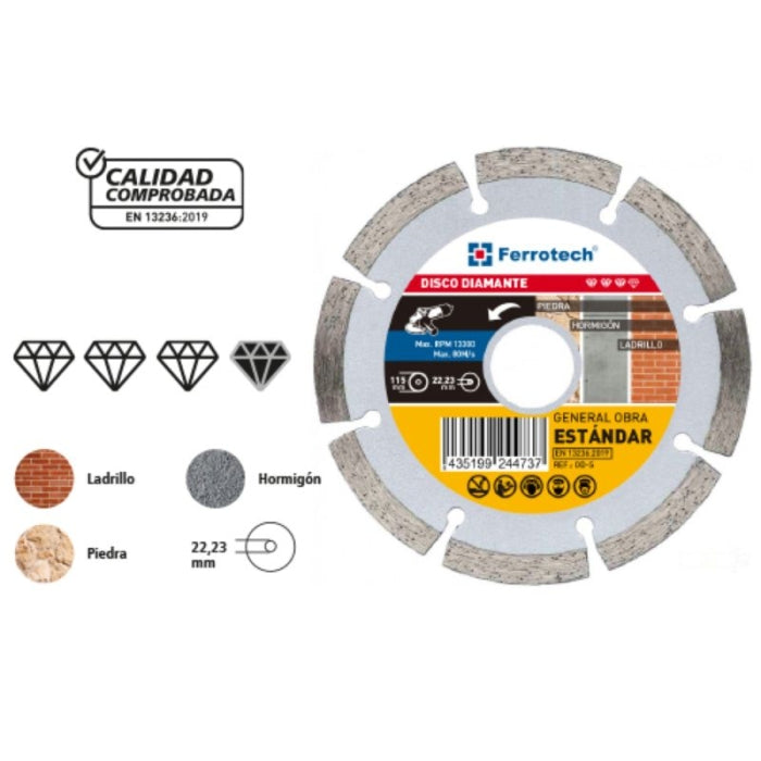 Disco diamante estndar gral. Obra 115x8x1.4/2.0x22.2mm. 24473 Ferrotech