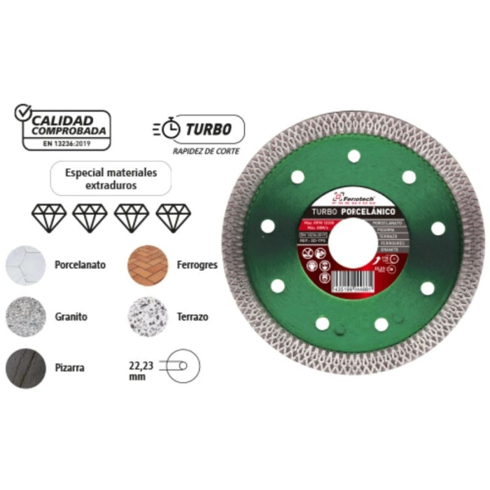Disco Diamante Turbo Extrafino Porcelanico gres 115x3x1.2/1.7x22.2mm Ferrotech