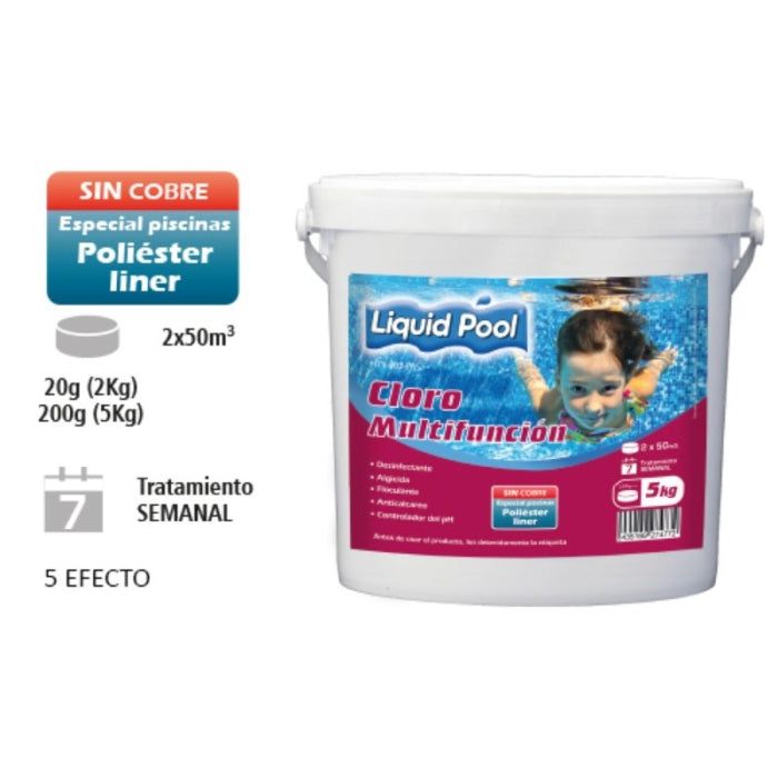 Cloro multifunción. S/cobre, pastilla 200gr. 5Kg. CLMUL-5KG Liquid Pool