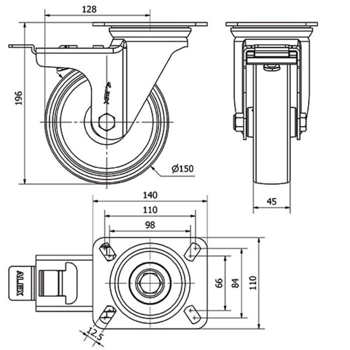Rueda Poliamix con Freno 150mm 350Kg ALEX 2-0949