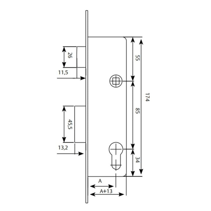 Cerradura puerta metálica 2210 Entrada 25mm Inox Resbalón+Paletón (no incluye cilindro) TESA 421038SSI