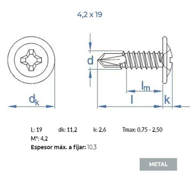 Tornillo Autotaladrante Cabeza Alomada y Cincado 4,2x19mm INDEX