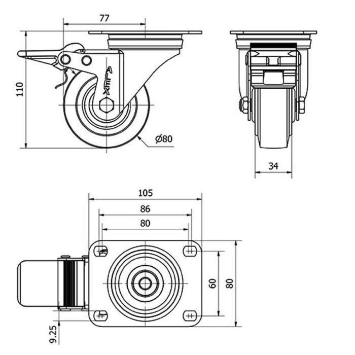 Rueda Caucho Freno 80mm 120Kg ALEX 2-3753