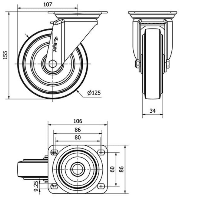Rueda Goma Gris 125mm 225Kg ALEX 2-3766