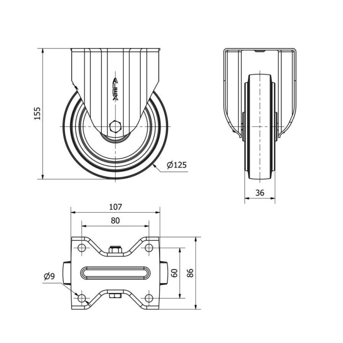 Rueda Fija Goma Gris 125mm 225kg 2-3767 ALEX