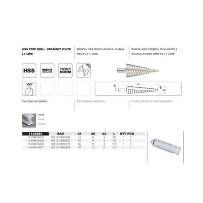 Broca Escalonada para Metal HSS 4 a 30mm 11448620430 TIVOLY