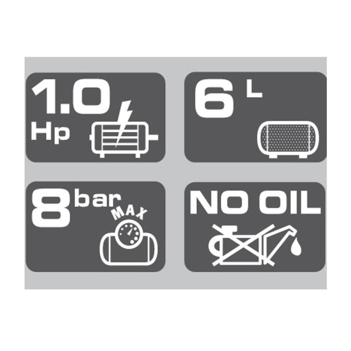 Compresor silencioso 6Lt 1Hp 8Bar SILTEK Airum B2BB104LEV641