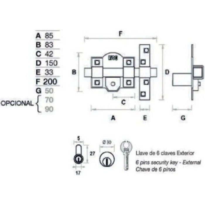 CERROJO FAC 946 RP80 B70MM UVE LATON