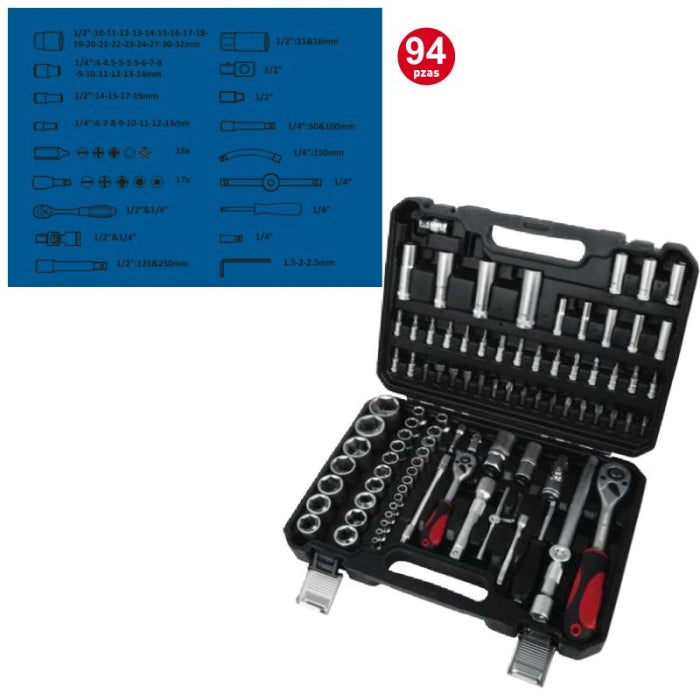 Juego 94pz Llaves De Vaso 1/4 - 1/2 CV FERROTECH N05-28414