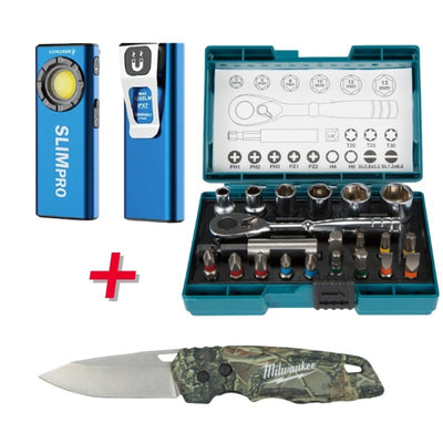 PACKPROMO - Carraca Makita (B-54081) + Linterna Slim EXPLORER + Navaja Milwaukee camuflaje