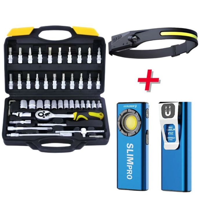PACKPROMO - JGO 46pz LLAVES DE VASO FERROTECH + LINTERNA FRONTAL EXPLORER + LINTERNA SLIM EXPLORER