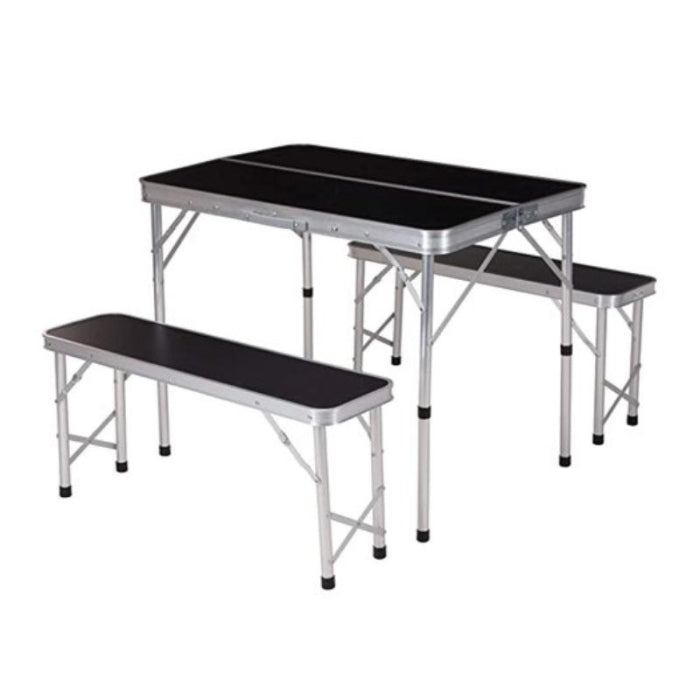Conjunto Mesa + Bancos Camping Plegables Negro