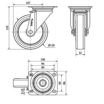 Rueda Poliamix / Poliuretano 125mm 200Kg  ALEX 2-2357