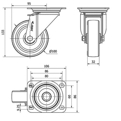 Rueda Poliamix / Poliuretano 100mm 150Kg  ALEX 2-2356