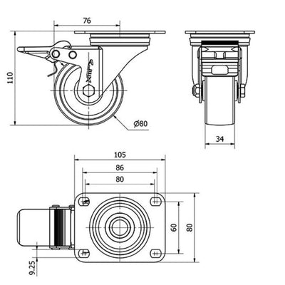 Rueda Poliamix 80mm 130Kg  ALEX 2-2340