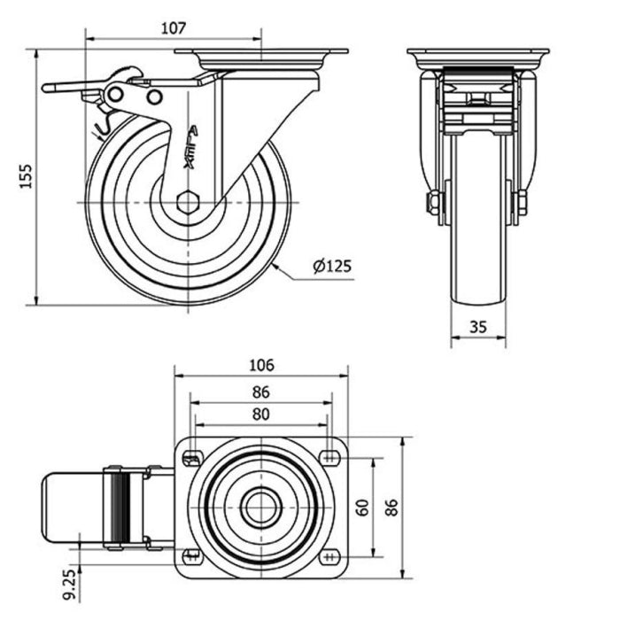 Rueda Poliamix 125mm 250Kg  ALEX  2-1195