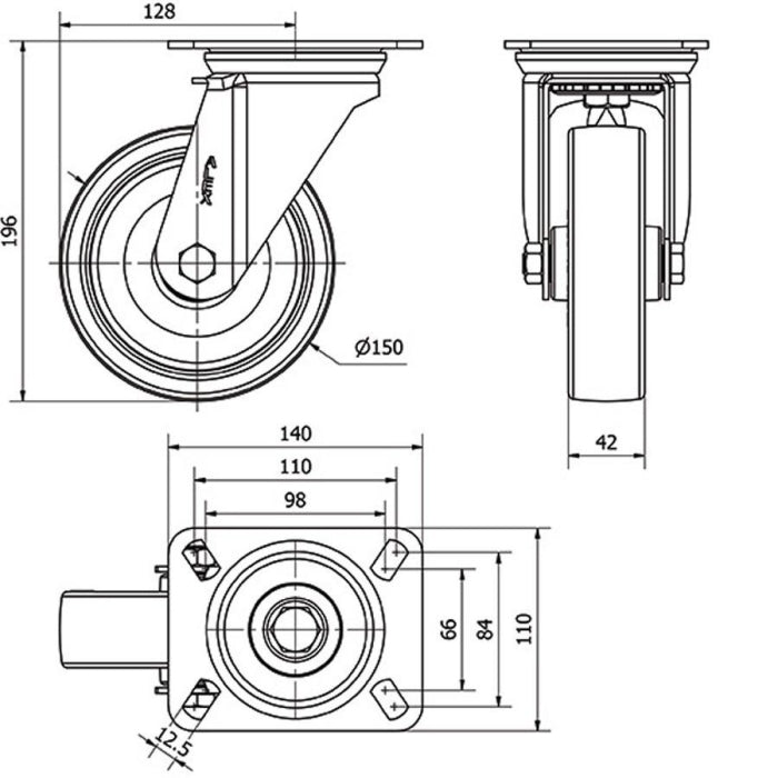 Rueda Poliamix / Poliuretano 150mm 250Kg  ALEX 2-2358