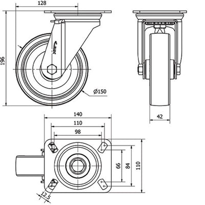 Rueda Poliamix / Poliuretano 150mm 250Kg  ALEX 2-2358