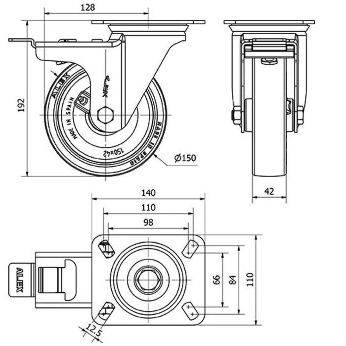 Rueda Poliamix / Poliuretano 150mm 250Kg  ALEX 2-2370