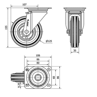 Rueda Goma Negra 125mm 140Kg  ALEX 2-0227