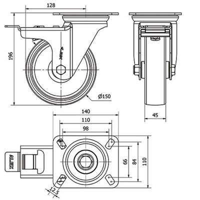 Rueda Poliamix con Freno 150mm 350Kg  ALEX  2-0949