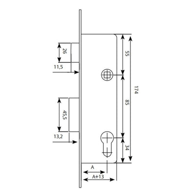 Cerradura puerta metálica 2210 Entrada 25mm Inox Resbalón+Paletón (no incluye cilindro) TESA 421038SSI