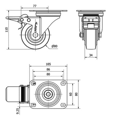 Rueda Caucho Freno 80mm 120Kg ALEX  2-3753