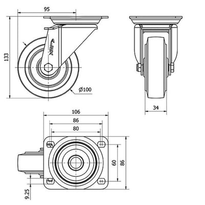Rueda Goma Gris 100mm 170Kg ALEX 2-3757