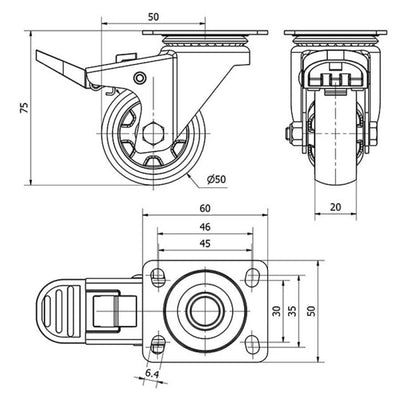 Rueda Giratoria Goma 50mm 30kg 1-0783 ALEX
