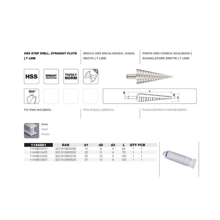 Broca Escalonada para Metal HSS 4 a 12mm 11448620412 TIVOLY