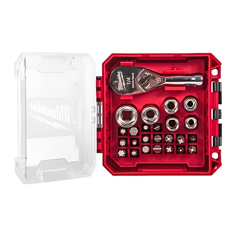 Juego Milwaukee de Carraca Compacta 1/4", Vasos y Puntas SHOCKWAVE™ 25 Piezas PACKOUT™ - Ref. 4932499470