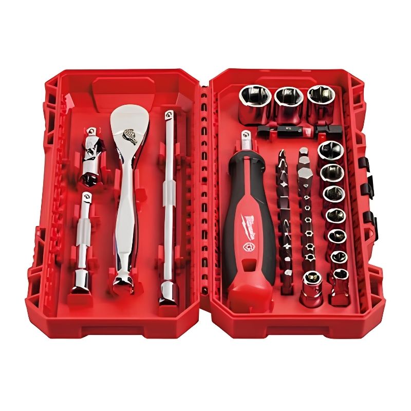 Estuche Milwaukee 38 Piezas con Carraca, Vasos y Puntas 1/4" Métrico PACKOUT™ - Ref. 4932498381