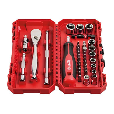 Estuche Milwaukee 38 Piezas con Carraca, Vasos y Puntas 1/4" Métrico PACKOUT™ - Ref. 4932498381