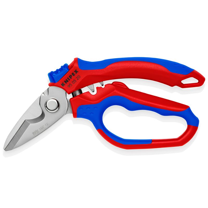 Tijeras de electricista acodadas KNIPEX 95 05 20 SB con crimpado para punteras