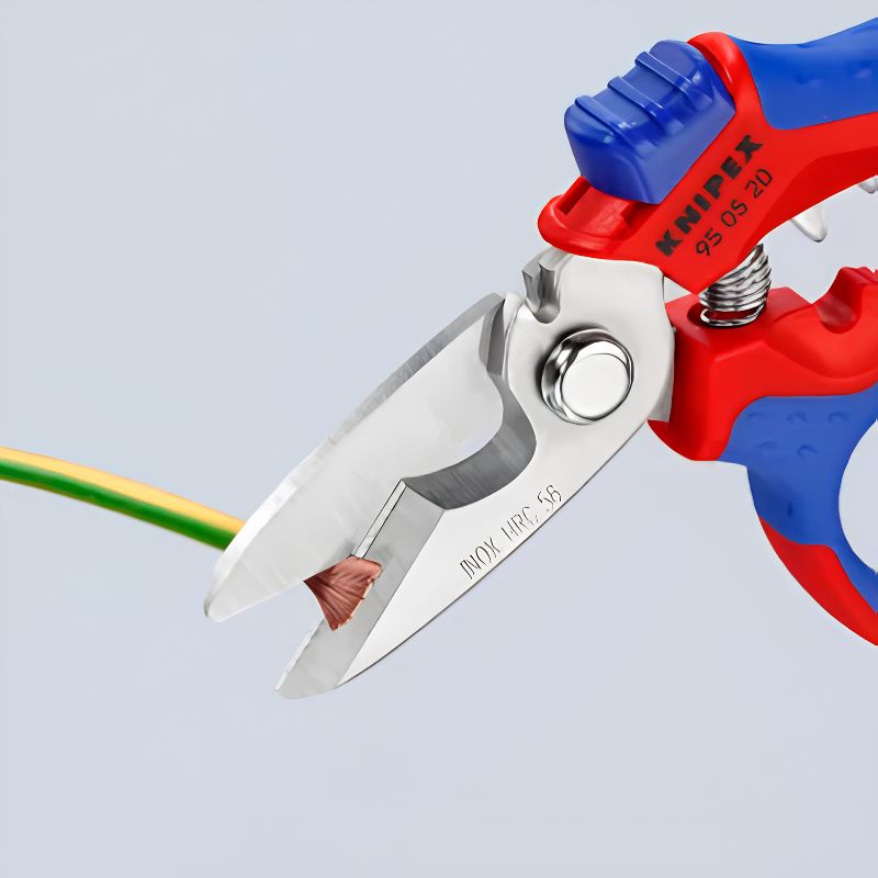 Tijeras de electricista acodadas KNIPEX 95 05 20 SB con crimpado para punteras