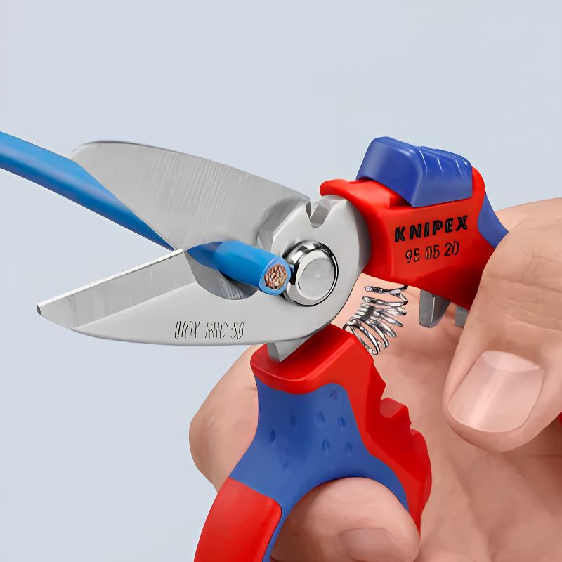 Tijeras de electricista acodadas KNIPEX 95 05 20 SB con crimpado para punteras