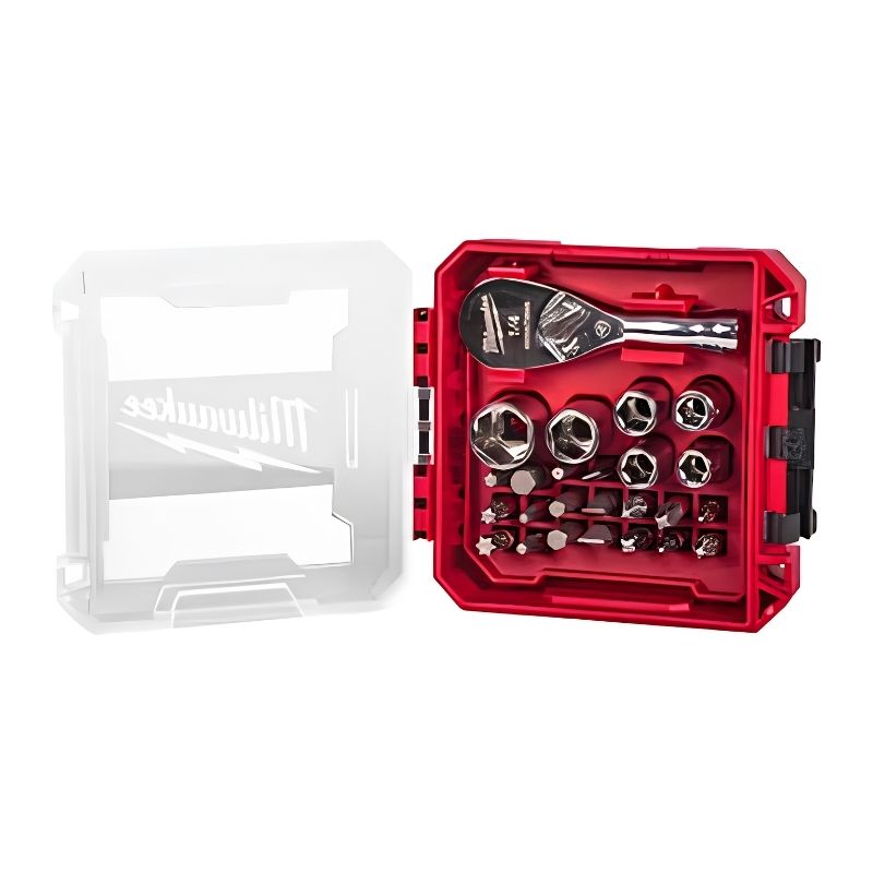 Juego Milwaukee de Carraca Compacta 1/4", Vasos y Puntas SHOCKWAVE™ 25 Piezas PACKOUT™ - Ref. 4932499470