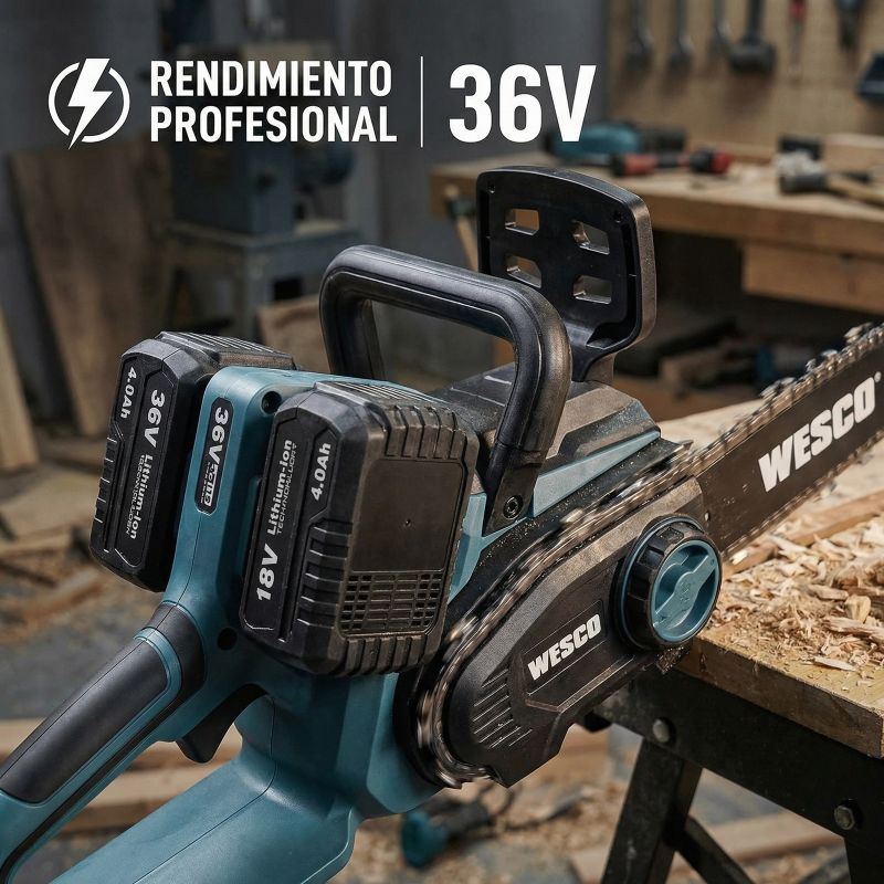 Motosierra a Batería WESCO WS8303 2 x 18 V 30 cm con 2 Baterías 4,0 Ah y Cargador Doble