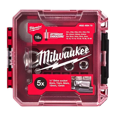 Juego Milwaukee de Carraca Compacta 1/4", Vasos y Puntas SHOCKWAVE™ 25 Piezas PACKOUT™ - Ref. 4932499470