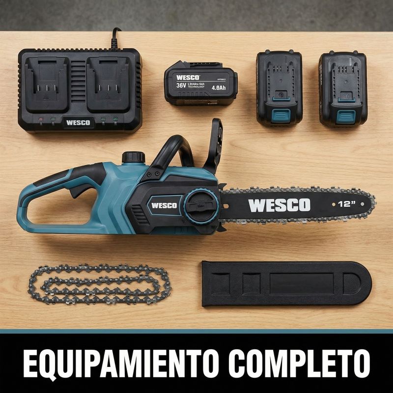 Motosierra a Batería WESCO WS8303 2 x 18 V 30 cm con 2 Baterías 4,0 Ah y Cargador Doble