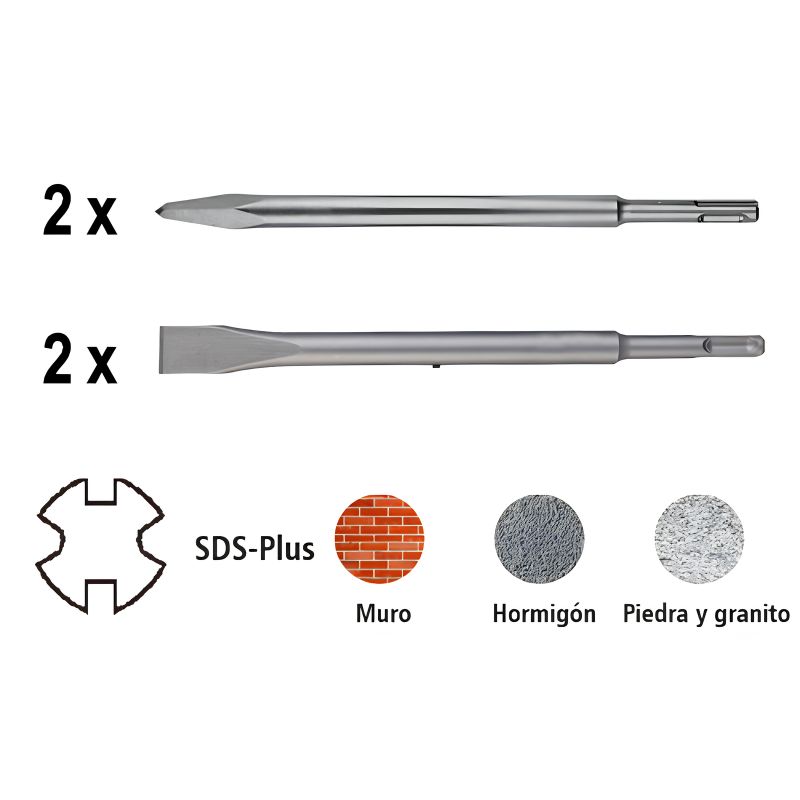 Set 2 Cinceles Punteros y 2 Planos SDS-Plus 14x250mm Ferrotech - 28406