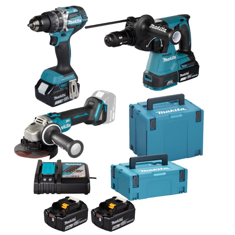 Makita DLX3196JX1 Combo DHP484Z + DHR243Z + DGA504 + BL1850Bx2 + DC18RC 18V LXT 5Ah 2 bat. MakPac