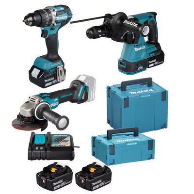 Makita DLX3196JX1 Combo DHP484Z + DHR243Z + DGA504 + BL1850Bx2 + DC18RC 18V LXT 5Ah 2 bat. MakPac