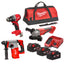 PowerPack Milwaukee M18 Taladro Percutor + Amoladora 115 mm + Martillo SDS-Plus 26 mm + 3 Baterías + Cargador + Bolsa)