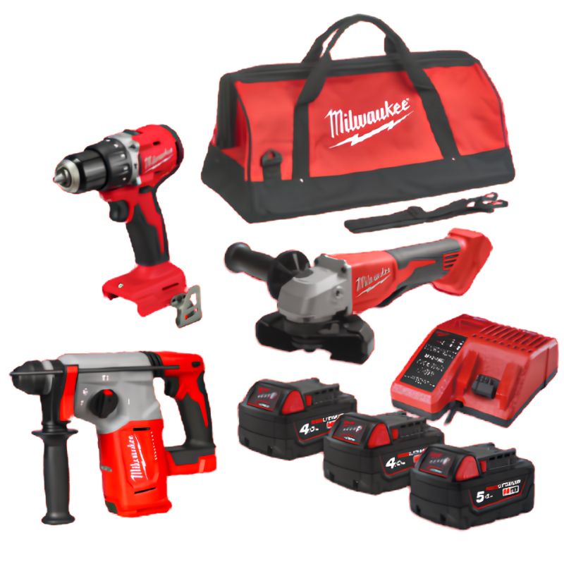 PowerPack Milwaukee M18 Taladro Percutor + Amoladora 115 mm + Martillo SDS-Plus 26 mm + 3 Baterías + Cargador + Bolsa)