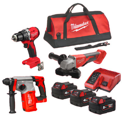 PowerPack Milwaukee M18 Taladro Percutor + Amoladora 115 mm + Martillo SDS-Plus 26 mm + 3 Baterías + Cargador + Bolsa)